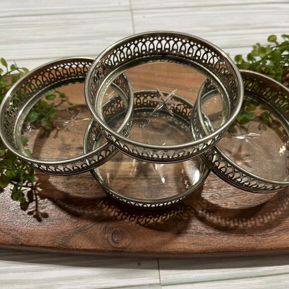 Vintage Manning Bowman & Co. Set of 4 Silver Plated Reticulated Crystal Coasters - Picture 1 of 6